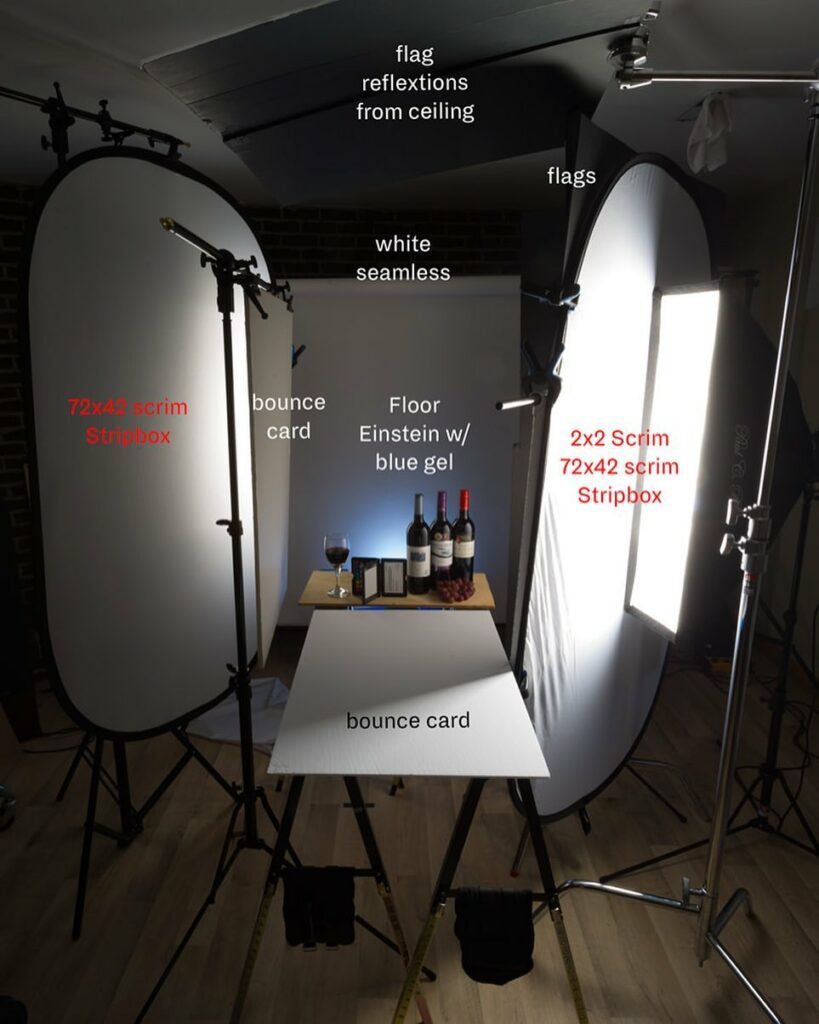 Studio lighting setup with stripboxes scrims and bounce cards around a wine bottle set on white seamless background