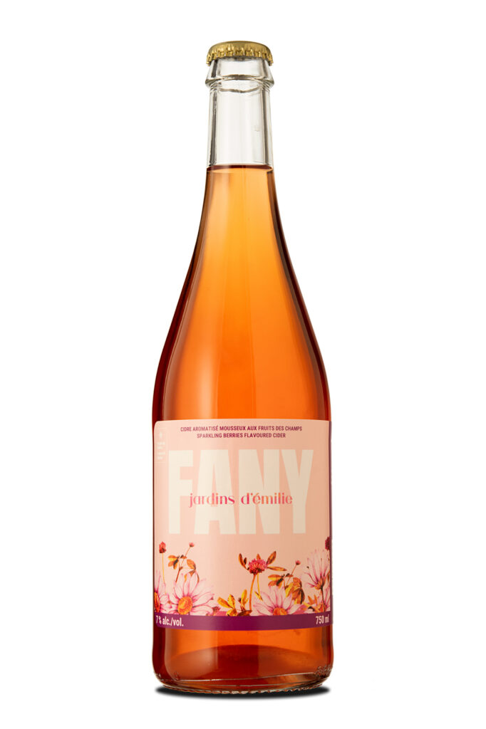 Bottle of berry flavored sparkling cider Fany with pink floral label