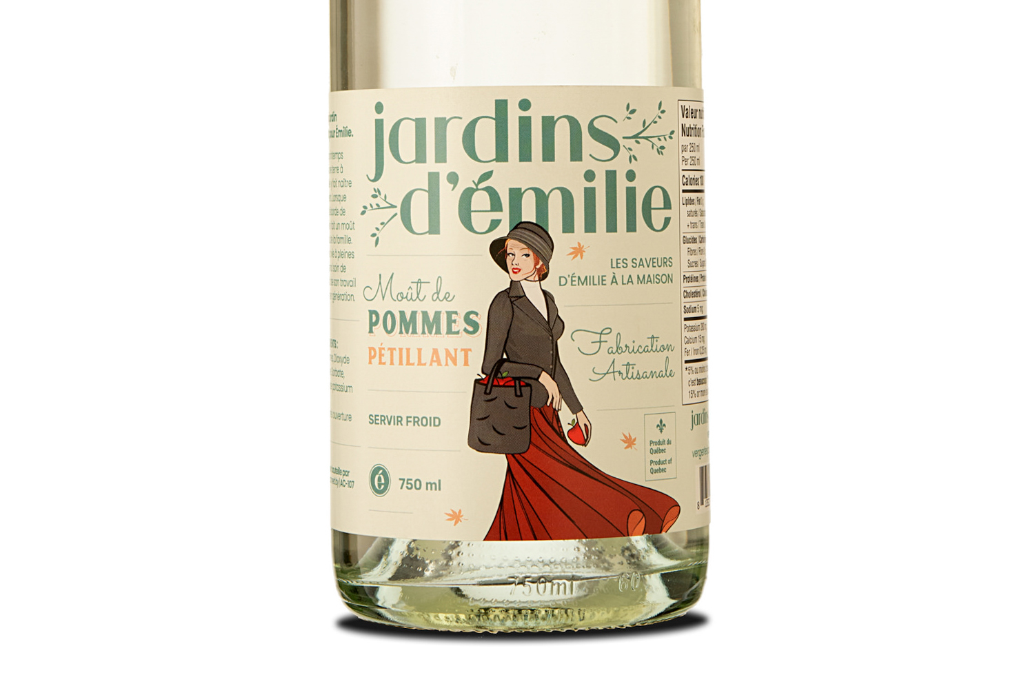Bouteille Jardins d’Émilie avec étiquette rétro et femme illustrée